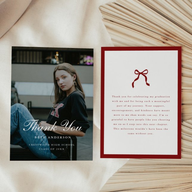 Elegant Coquette Classic Wine Red Graduation Photo Thank You Card (Creator Uploaded)