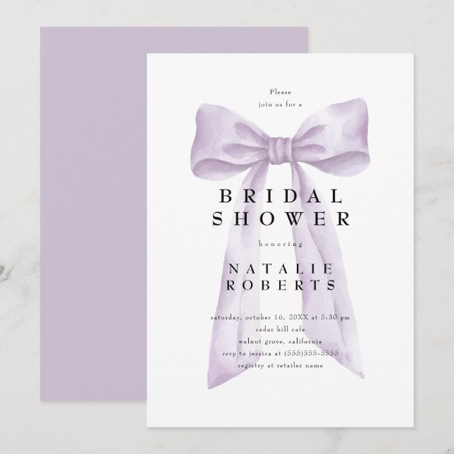Elegant Coquette Dusty Purple Bow Bridal Shower Invitation (Front/Back)