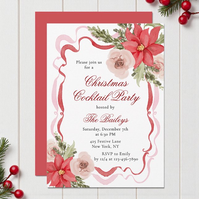 Elegant Coquette Floral Christmas Cocktail Party Invitation (Creator Uploaded)