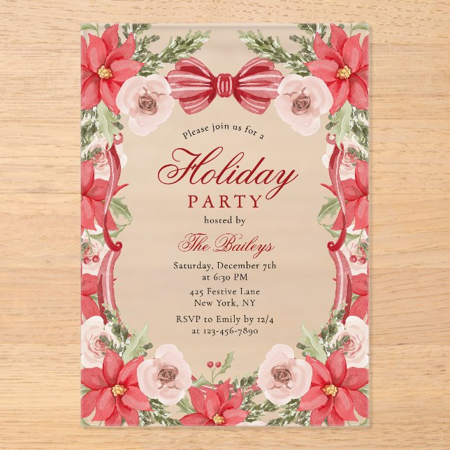Elegant Coquette Floral Christmas Holiday Party Acrylic Invitations (Front)