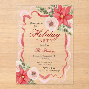 Elegant Coquette Floral Christmas Party Acrylic Invitations