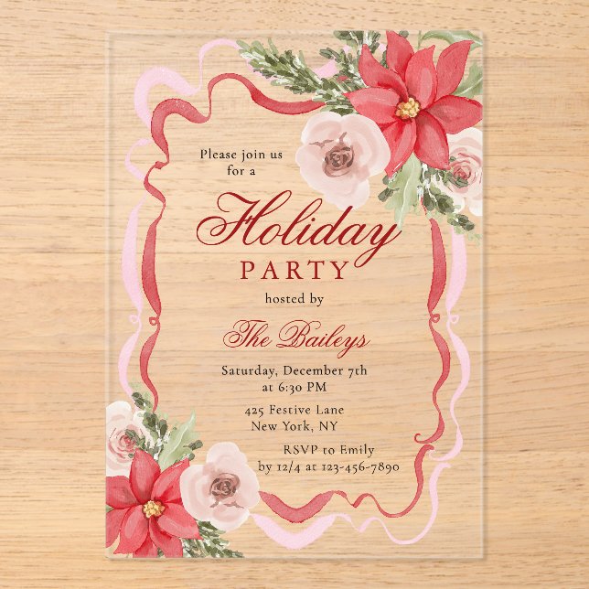 Elegant Coquette Floral Christmas Party Acrylic Invitations (Front)