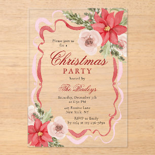 Elegant Coquette Floral Christmas Party Acrylic Invitations