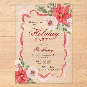 Elegant Coquette Floral Christmas Party Acrylic Invitations
