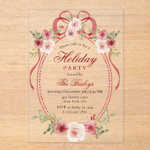 Elegant Coquette Floral Christmas Party Acrylic Invitations