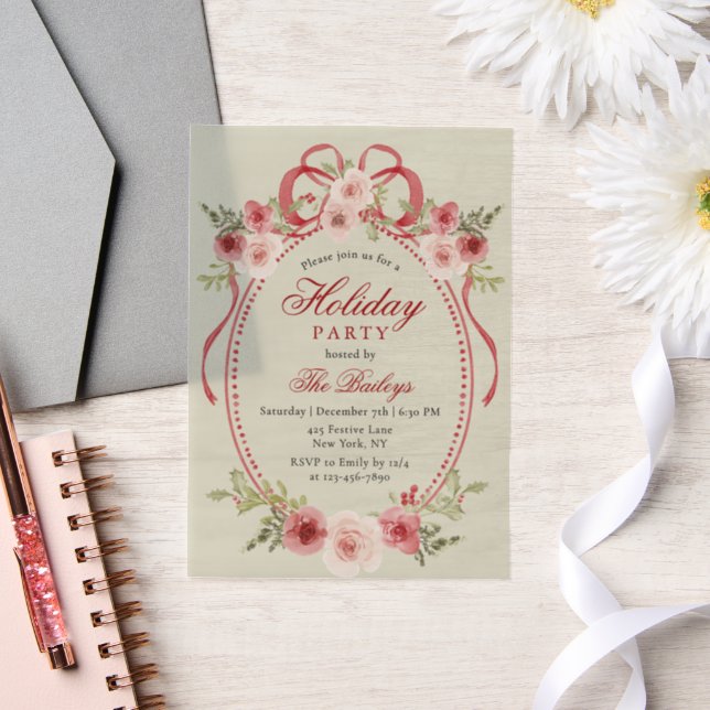 Elegant Coquette Floral Christmas Party Vellum Invitations (Wedding)