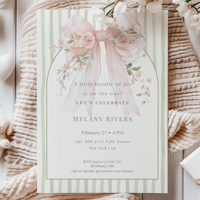 Elegant Coquette Pink Blush Roses Bow Baby Shower Invitation (Creator Uploaded)
