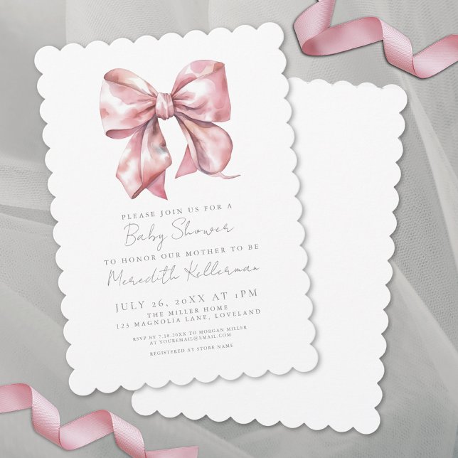 Elegant Coquette Pink Bow Baby Shower Invitation (Elegant Scallop Pink Bow Baby Shower Invitation)