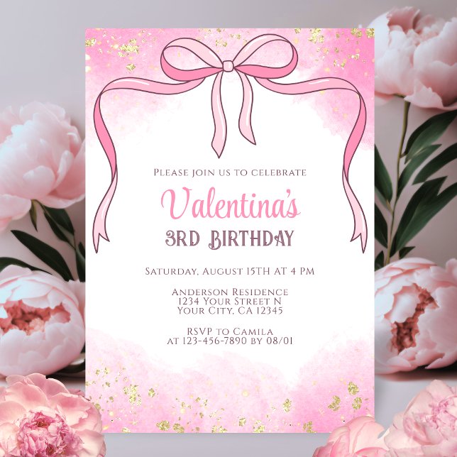 Elegant Coquette Pink Bow Gold Glitter Birthday Invitation (Creator Uploaded)