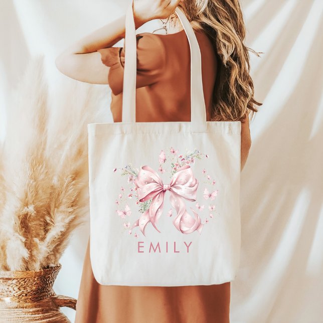 Elegant Coquette Pink Bow Pearls Tote Bag (Elegant Pink Bow Pearls Gift Tote Bag)