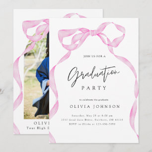 Elegant Coquette Pink Bow Photo Graduation Party Invitation