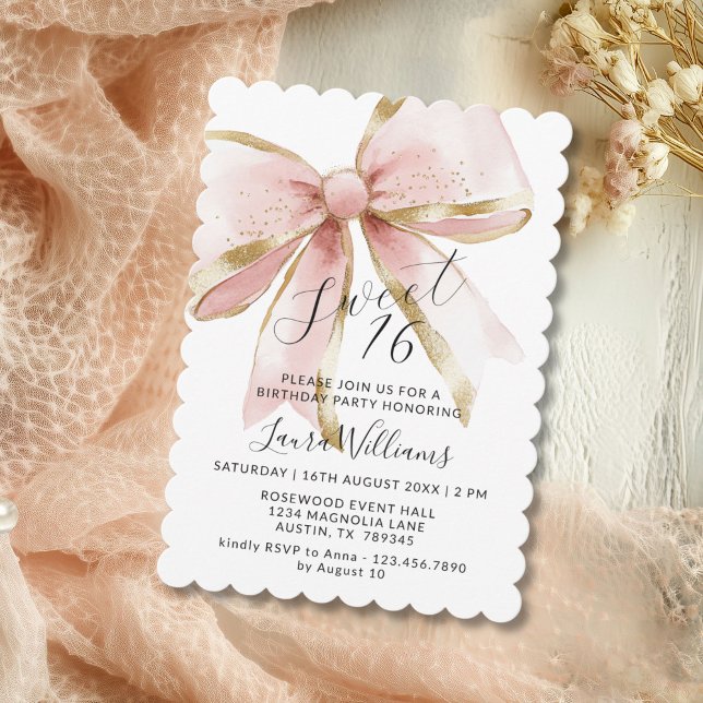Elegant Coquette Pink & Gold Bow Sweet 16 Invitation (Elegant Coquette Pink and Gold Bow Sweet 16th Invitation)