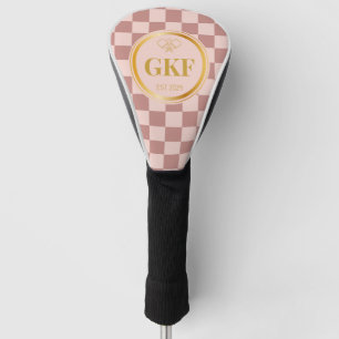 Elegant Coquette Pink Gold Monogram Chequered Golf Head Cover