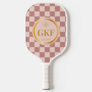 Elegant Coquette Pink Gold Monogram Chequered Pickleball Paddle