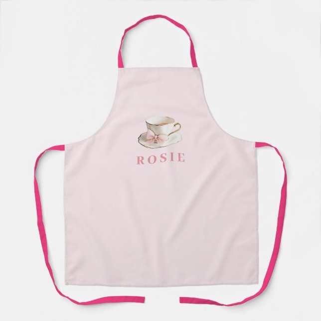 Elegant Coquette Preppy Pink Teacup with Bow Apron (Front)