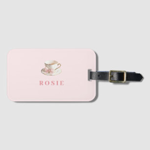 Elegant Coquette Preppy Pink Teacup with Bow Luggage Tag