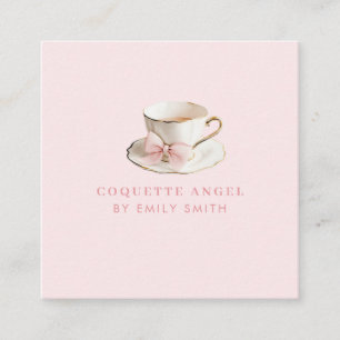 Elegant Coquette Preppy Pink Teacup with Bow Square Business Card