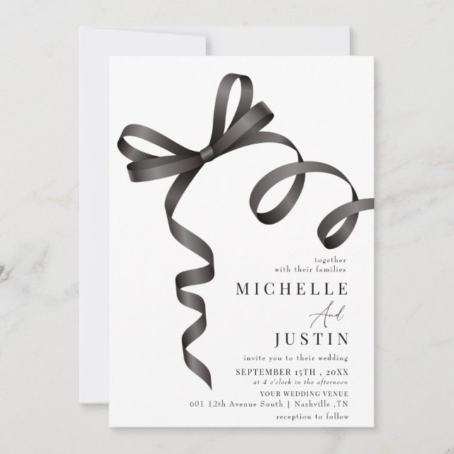 Elegant Coquette Ribbon Bow Black White Wedding Invitation (Front)
