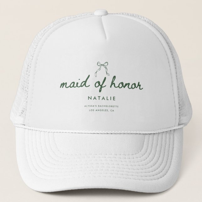 Elegant Coquette Script Maid of Honor's Name Trucker Hat (Front)