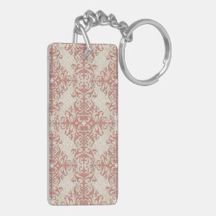 Elegant Coral and Antique White Damask Pattern Key Ring