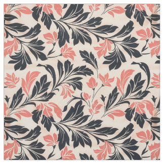 Elegant Coral and Black Leaf Pattern Fabric