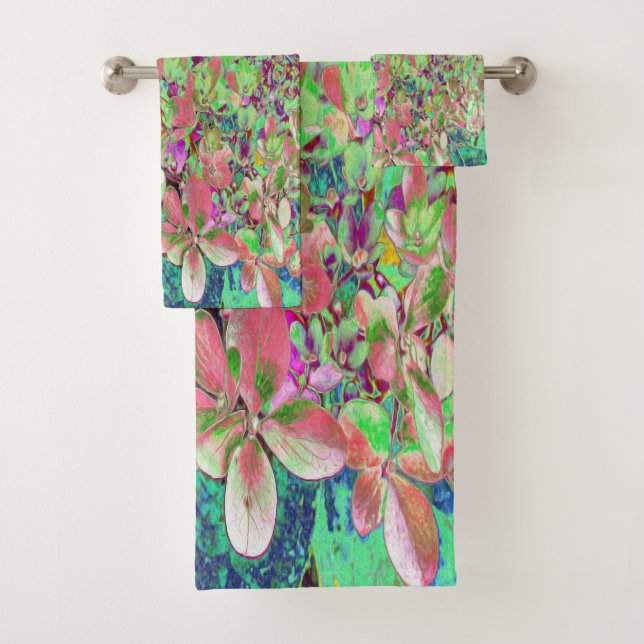 Elegant Coral and Chartreuse Limelight Hydrangea Bath Towel Set (Insitu)