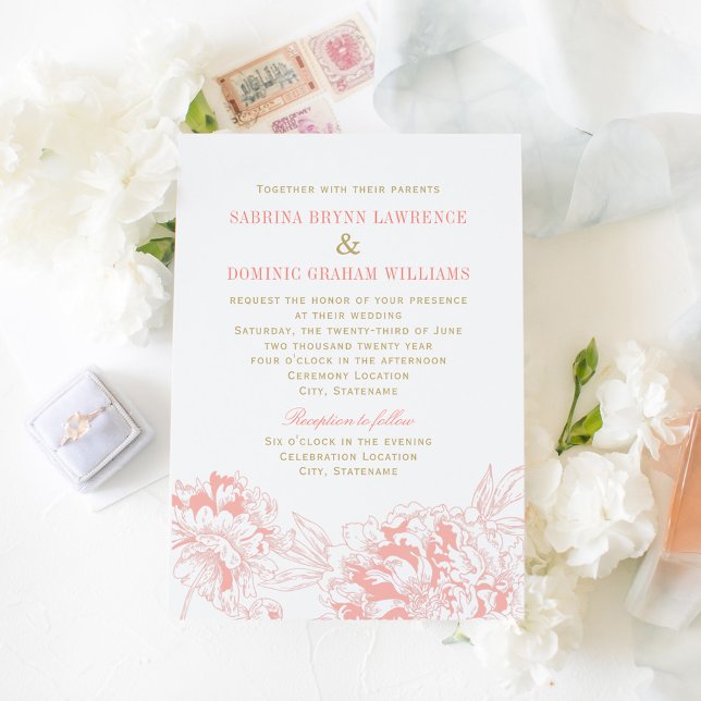 Elegant Coral and Gold Floral Peony Wedding Invitation (Creator Uploaded)