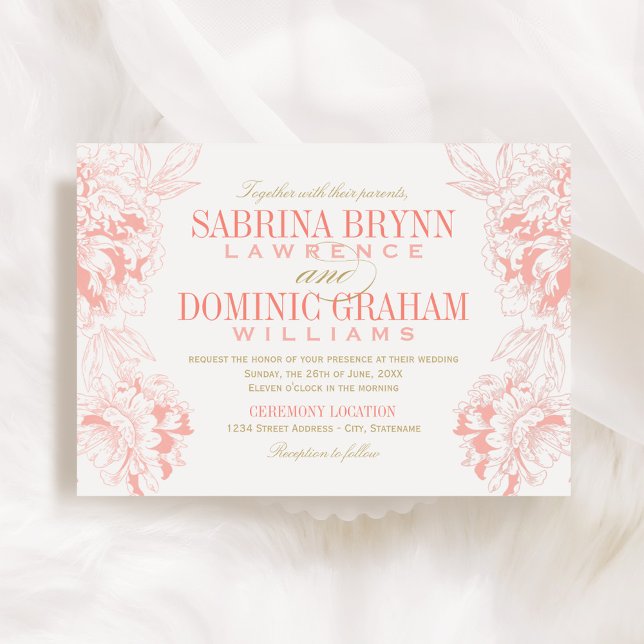 Elegant Coral and Gold Floral Peony Wedding Invitation (Creator Uploaded)