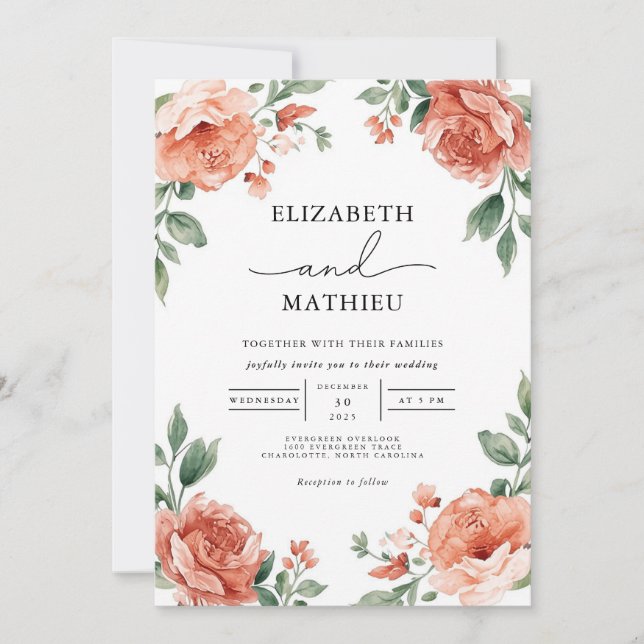 Elegant Coral and Green Floral Garden Wedding Invitation (Front)