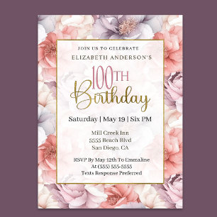 Elegant Coral and Lavender Peony 100th Birthday  Invitation