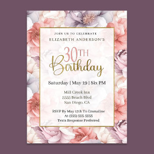 Elegant Coral and Lavender Peony 30th Birthday  Invitation
