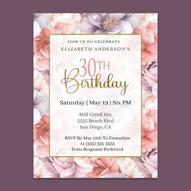 Elegant Coral and Lavender Peony 30th Birthday  Invitation (Creator Uploaded)