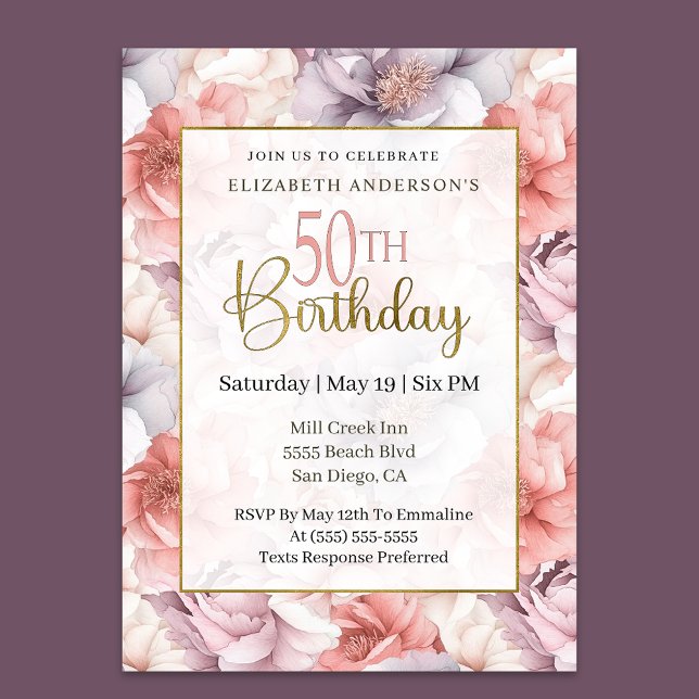 Elegant Coral and Lavender Peony 50th Birthday  Invitation (Creator Uploaded)