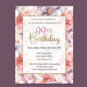 Elegant Coral and Lavender Peony 99th Birthday  Invitation