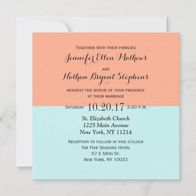 Elegant Coral and Mint Green Two Tone Colour Split Invitation (Front)