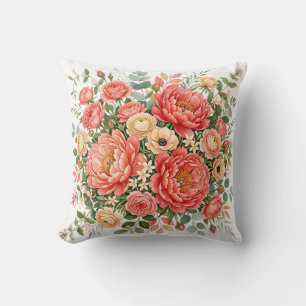 Elegant Coral and Peach Peony Floral Bouquet Cushion
