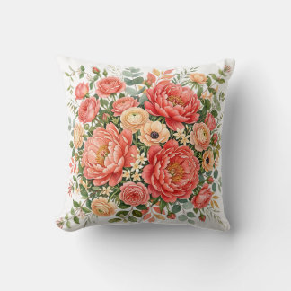 Elegant Coral and Peach Peony Floral Bouquet Cushion