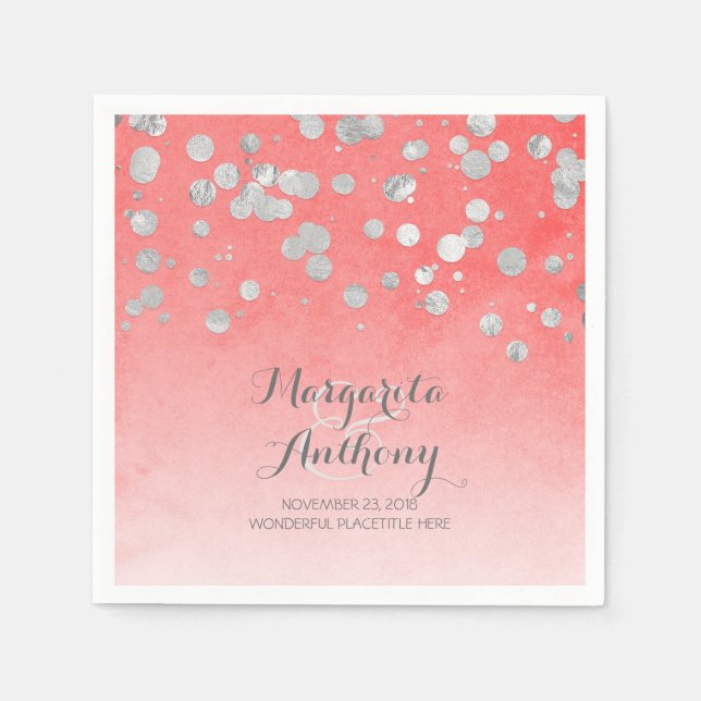 Elegant Coral and Silver Wedding Napkin (Front)