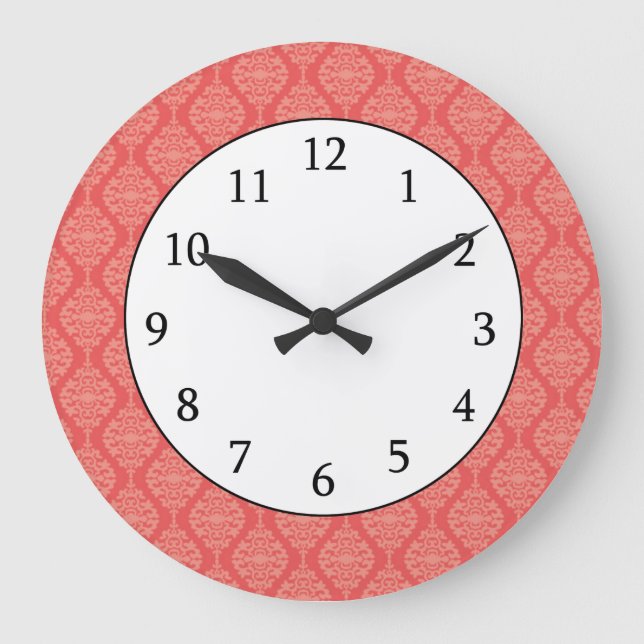 Elegant Coral And White  Damask Pattern Large Clock (Front)