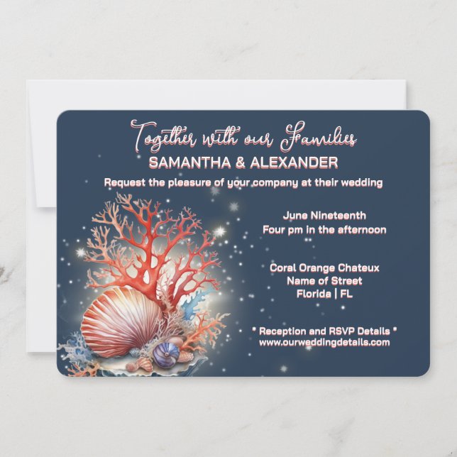 Elegant Coral Blue Beach Wedding Invitation (Front)