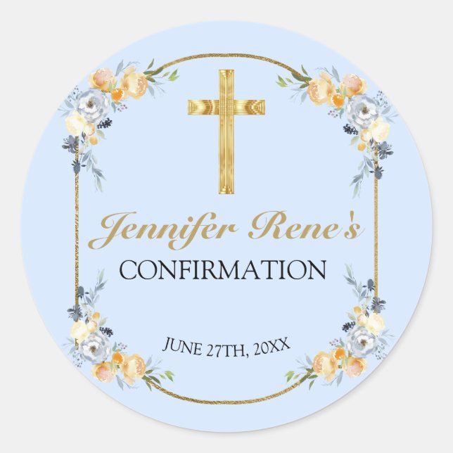 Elegant Coral & Blue Floral Gold Confirmation Classic Round Sticker (Front)