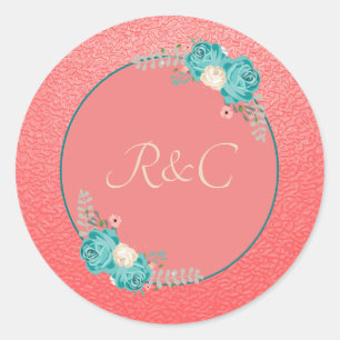 Elegant Coral Blue Flowers Classic Round Sticker