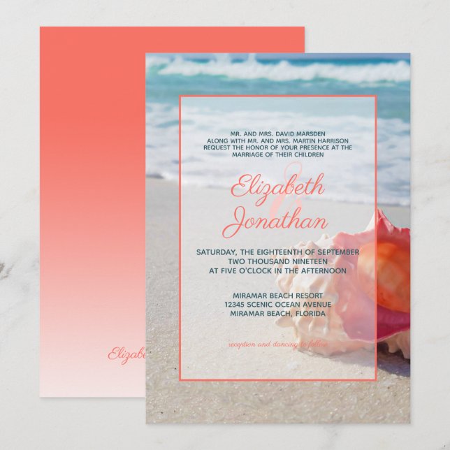 Elegant Coral Blue Tropical Beach Ombre Wedding Invitation (Front/Back)