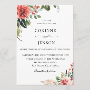 Elegant Coral Botanical Wedding Invitation