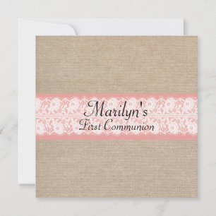 Elegant Coral Burlap Lace First Communion Invite