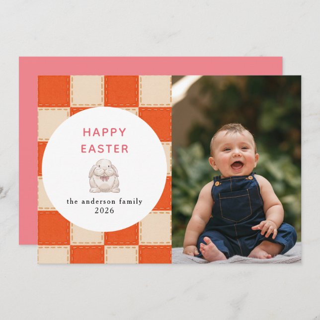 Elegant Coral & Cream Pattern  Happy Easter Photo Holiday Card (Front/Back)