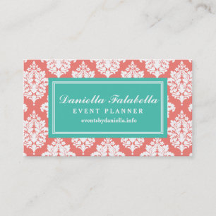 Elegant Coral Damask Personalised Business Card