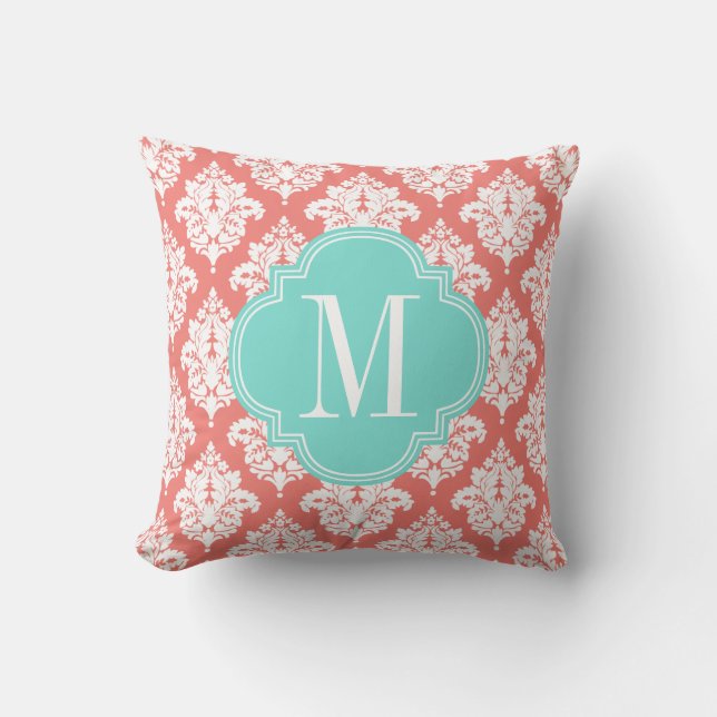 Elegant Coral Damask Personalised Cushion (Front)