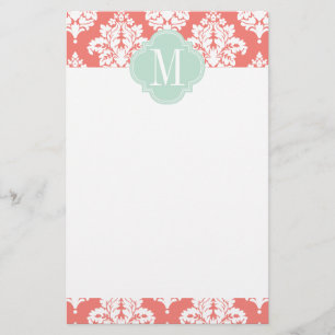 Elegant Coral Damask Personalised Stationery
