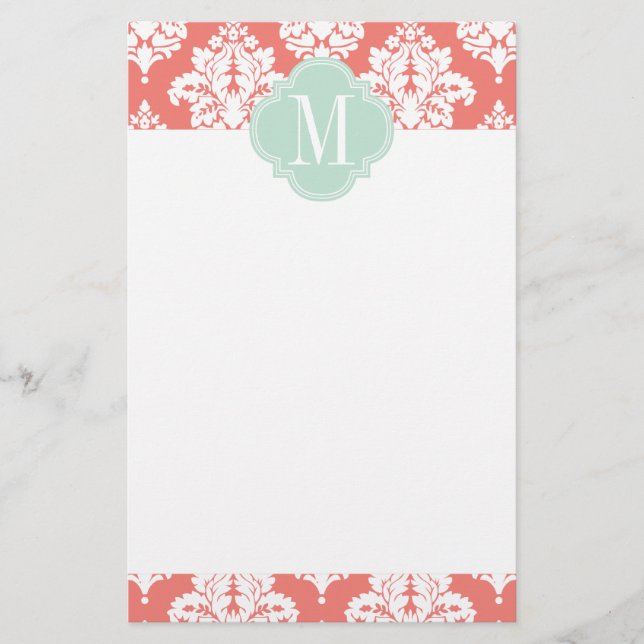 Elegant Coral Damask Personalised Stationery (Front)